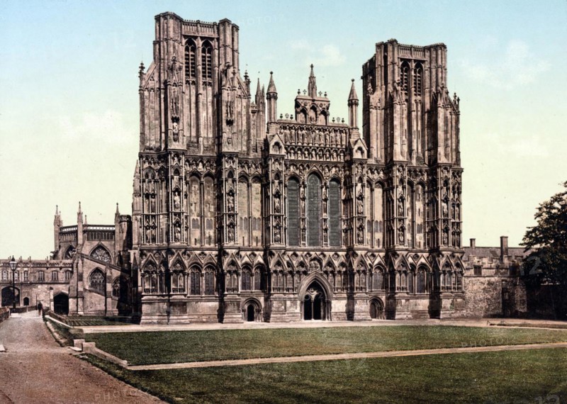 Wells Cathedral, The Cathedral Church of St Andrew, Anglican cathedral in the town of Wells in Somerset, England, c. 1890, Historic, digitally restored reproduction from a 19th century original