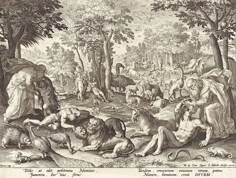 Creation of Adam and Eve and the animals. Origin, Antwerp. Date, 1588, 1600, Johann Sadeler, Historical, digitally restored reproduction from a 19th century original, Record date not stated