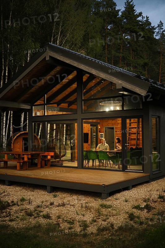 A view from outside at the couple sitting behind dining table in modern forest cabin in the evening