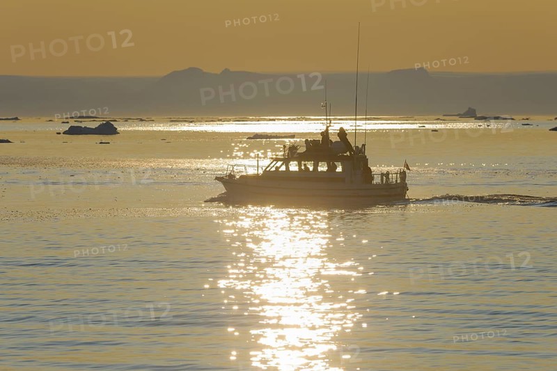 Excursion boat on fjord Ilulissat, Icefjord, Disko Bay, Qaasuitsup, Greenland, Polar Regions, Arctic, North America