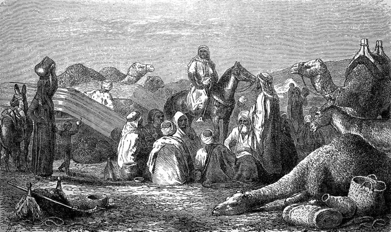 Bedouin camp in the desert, camel caravan, Egypt, ca 1869, Historical, digital reproduction of an original from the 19th century, Africa