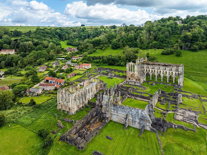 Rievaulx Abbey from a drone, North York Moors National Park, North Yorkshire, England, United Kingdom, Europe