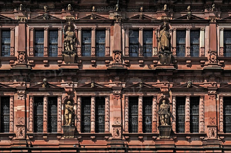 View from the inner courtyard of the façade of the Friedrich Building, built between 1601 and 1607, the statues are ancestors of the electors) of the Heidelberg castle ruins, destroyed in 1689) Castle courtyard, Heidelberg, Baden-Württemberg, Germany, Europe