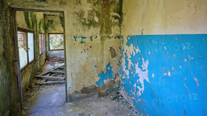 Dilapidated blue walls and windows in an abandoned building showing signs of decay, Lost Place, Former Santorium, Tuberculosis Centre 1947-1970, Former Italian Colonial Settlement, Eleousa, Campochiaro, Rhodes, Dodecanese, Greek Islands, Greece, Europe