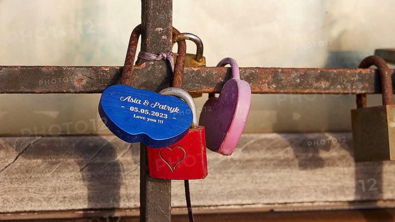 Personalised love locks, one in the shape of a heart, on a railing, harbour area, Rhodes Town, Rhodes, Dodecanese, Greek Islands, Greece, Europe