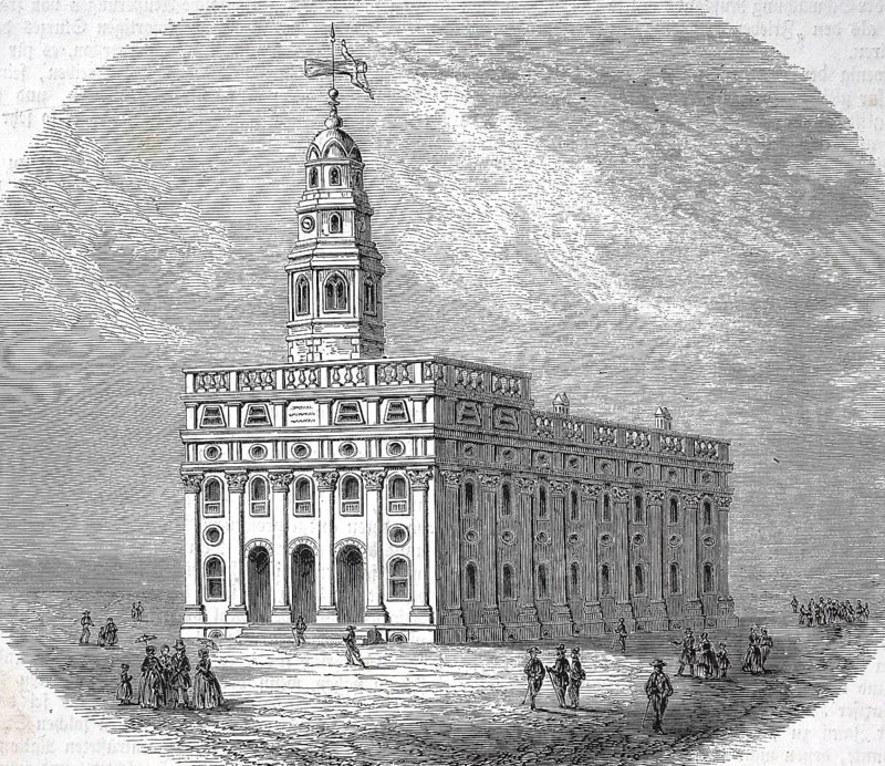Historic, digitally restored reproduction from a 19th century original, Record date not stated, The original Nauvoo Temple, a temple of the Church of Jesus Christ of Latter-day Saints in Nauvoo, Mormon Temple, 1870, Illinois, USA, North America