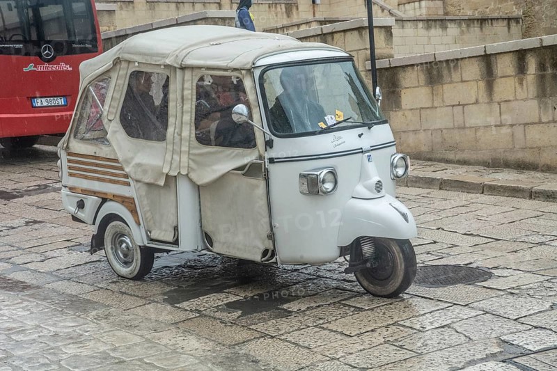 Three-wheeled scooter Ape by Piaggio in a street in Matera, Basilicata, Southern Italy, Italy, Europe