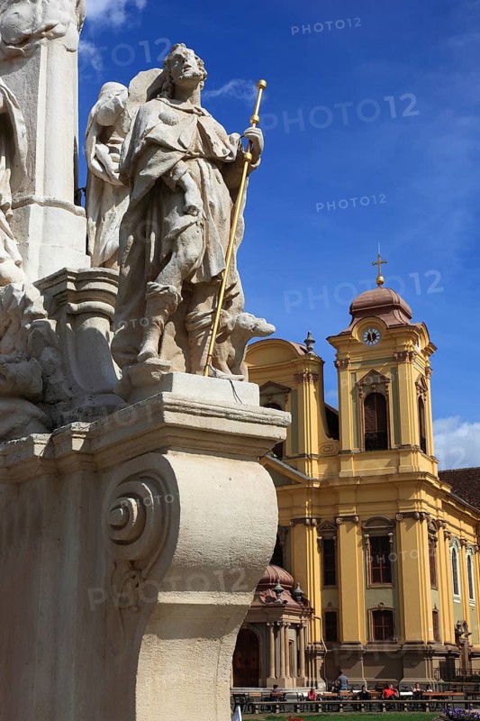 Banat, Timisoara, Timisoara, Old Town, Catholic Cathedral and part of the Trinity Column or Plague Column at Piata Unirii, Unification Square, Cathedral Square, Romania, Europe