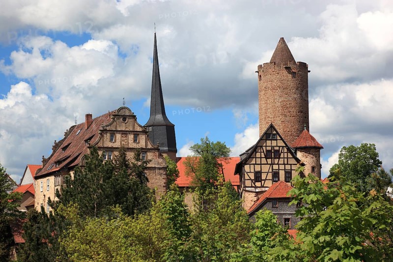 Gable end of the rear castle with stair tower, rear tower with count's forester's house and attached small tower, Schlitz, small town in the east of the Vogelsberg district in central Hesse, Hesse, Germany, Europe
