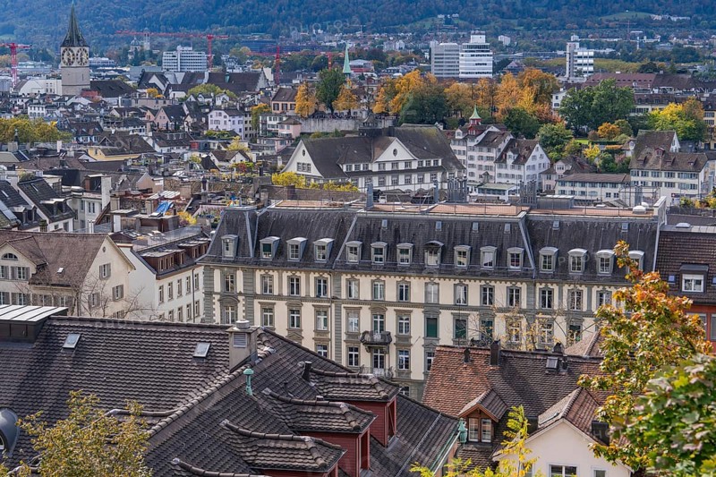 Bird's eye view of city with various buildings and autumn leaves, Zurich, Switzerland, Europe