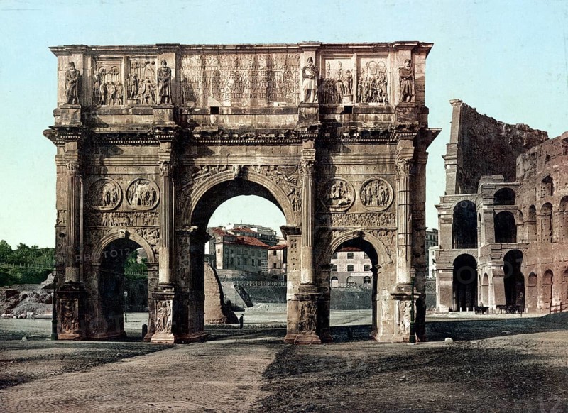 Arch of Constantine, three-towered triumphal arch in Rome, Italy, 1890, Historical, digitally restored reproduction from a 19th century model, Record date not stated, Europe