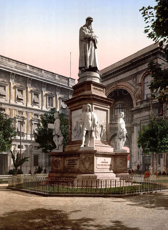 Monument to Leonardo da Vinci, Milan, Italy, Monument to Leonardo da Vinci, Milan, Italy, Historic, digitally restored reproduction from a 19th century model, 1880, Record date not stated, Europe