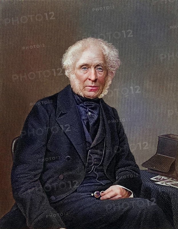 David Brewster (1781-1868) Scottish physicist. Optics (kaleidoscope and polarised light), editor of the Edinburgh Magazine in 1802 and the Edinburgh Encyclopaedia in 1808. On the table next to him is a stereoscope, one of the optical instruments he invented. Copperplate engraving, ca. 1870, Historic, digitally restored reproduction from a 19th century original, Record date not stated