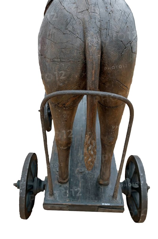 Rear part of the donkey with pushing aid, detail of the palm donkey, around 1500, on a white background, Zeppelin Museum, Friedrichshafen, Baden-Württemberg, Germany, Europe