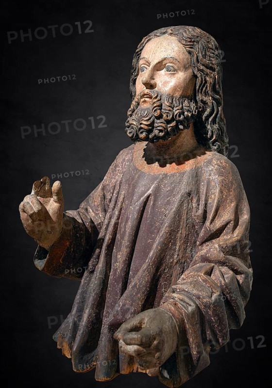 Figure of Jesus, on a dark background, around 1470, only the body of the palm donkey remains, Strigel Museum, Martin-Luther-Platz 1, Memmingen, Swabia, Bavaria