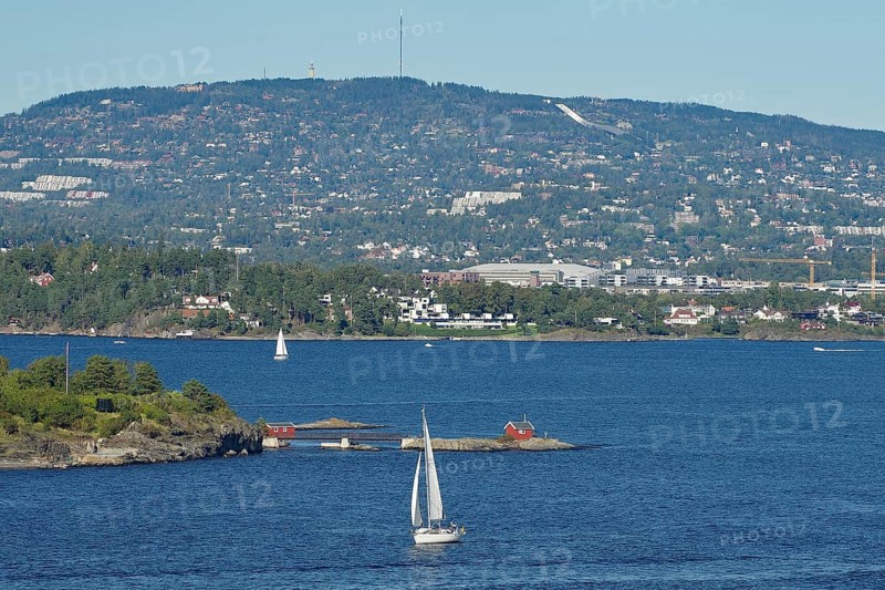 A sailboat sails on a calm sea in front of a hilly landscape with scattered houses and clear blue sky, Oslofjord, capital city, Oslo, Norway, Europe