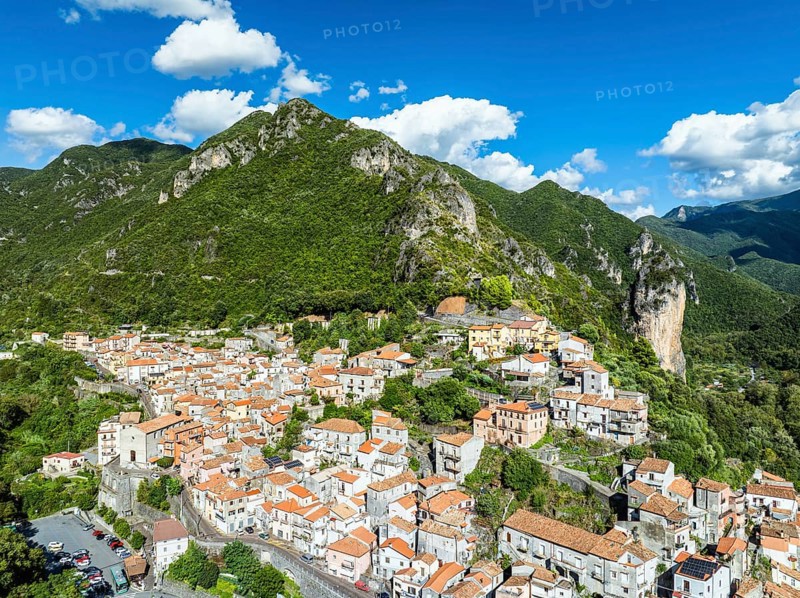 Orsomarso from a drone, Cosenza, Calabria, Italy, Europe