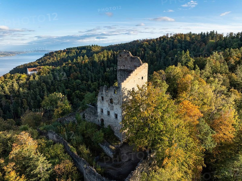 Aerial view of the ruins of Altbodman on the Bodanrück, above the village of Bodman in autumn vegetation, Lake Constance, Bodman-Ludwigshafen, district of Constance, Baden-Württemberg, Germany, Europe
