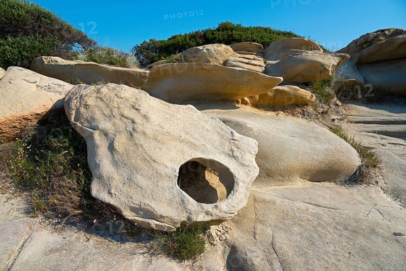 Eroded rock formations on a coastline with plants and clear sky in the background, Karidi beach, Karydi, Vourvourou, Sithonia, Halkidiki, Central Macedonia, Greece, Europe