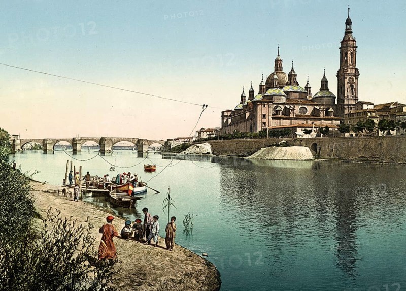 Zaragoza. Rio Ebro and Cathedral-Basilica of Our Lady of the Pillar, Spain, digitally restored reproduction from a 19th century original, record date not stated, Zaragoza. Rio Ebro and Cathedral-Basilica of Our Lady of the Pillar, Spain, digitally restored reproduction from a 19th century original, record date not stated, Europe