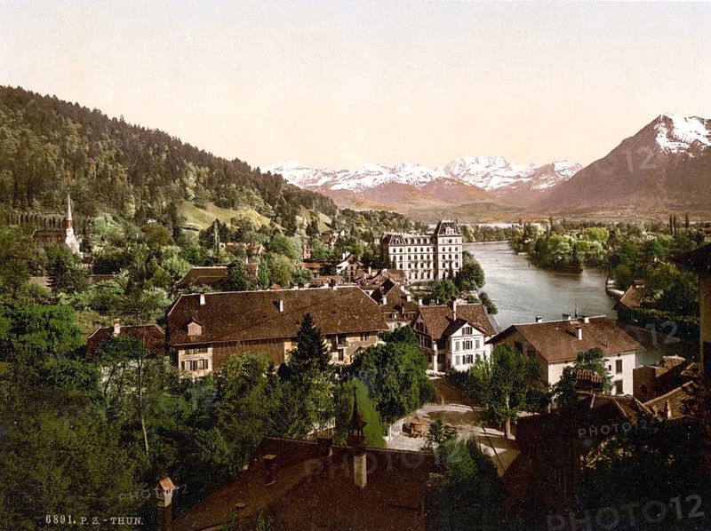 Thun, general view, Bernese Oberland, Switzerland, Historic, digitally restored reproduction from a 19th century original, Record date not stated, general view, Bernese Oberland, Switzerland, Historic, digitally restored reproduction from a 19th century original, Record date not stated, Europe