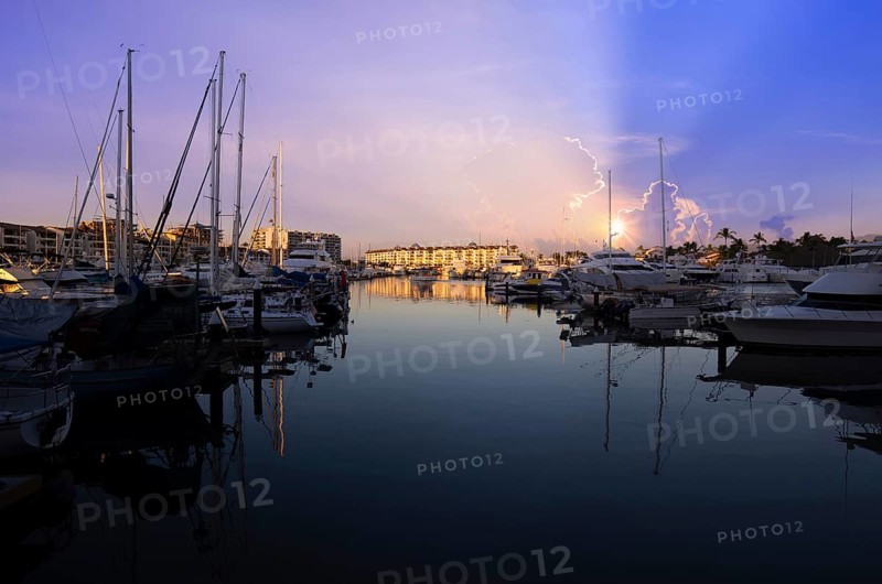Mexico, Panoramic view of Marina and yacht club in Puerto Vallarta at sunset, Central America