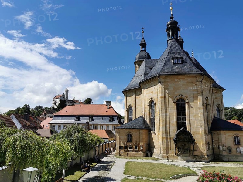 Basilica of Gößweinstein seen from the south, pilgrimage church of the Holy Trinity with Franciscan monastery, Gößweinstein, place of pilgrimage in Franconian Switzerland, district of Forchheim, Upper Franconia, Bavaria, Germany, Europe