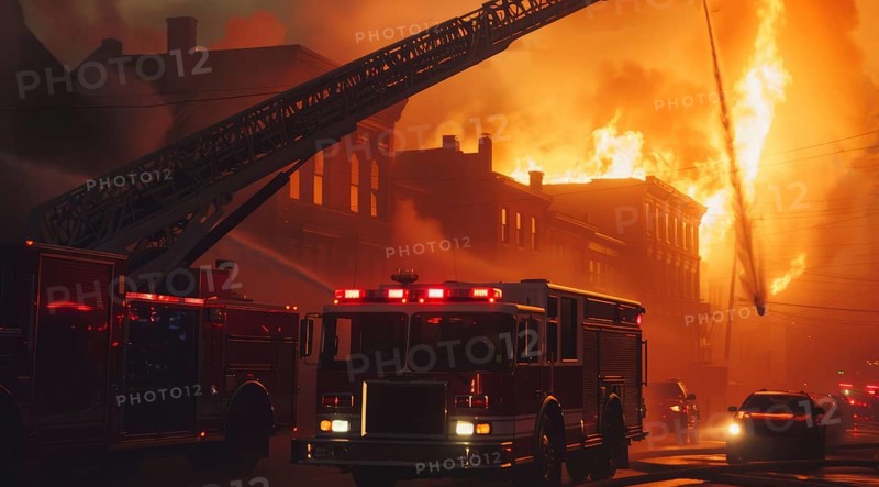 A fire truck on a street next to a burning house. Fireman and first responders extinguish the fire, AI generated