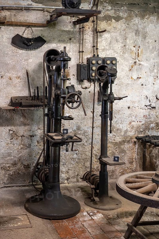 Old stationary drilling machines in a historic forge, workshop with museum, Salem Castle, former imperial abbey, former monastery of the Cistercian order, Salem, Lake Constance, Lake Constance district, Baden-Württemberg, Germany, Europe