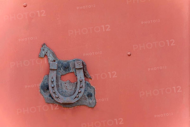 Horseshoe as a lucky charm on a metal farm gate, lucky symbol, Palatinate, Rhineland-Palatinate, Germany, Europe