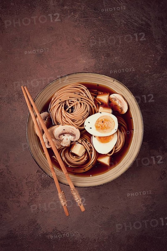 Asian soba soup, with mushrooms and egg, cheese, sesame seeds, homemade, no people