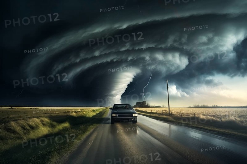 Disaster catastrophe storm concept, tornado in a field in the USA with car on road escaping tornado in field under stormy dark sky, AI generated