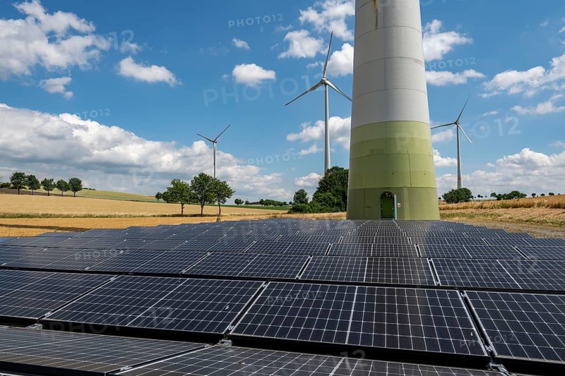 Wind farm near Lichtenau, Ostwestfalen-Lippe, a 100 kW solar power system was installed on the crane installation area in front of a wind turbine, as a trial, so the unused former construction site areas could be used for PV systems, North Rhine-Westphalia, Germany, Europe