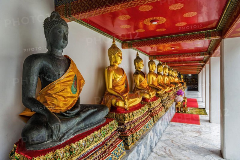 Historic Buddha statues at Wat Pho Temple, Buddhism, religion, world religion, sculpture, sculpture, art, statue, culture, devout, faith, peace, Asian, travel, holiday, tourism, representation, palace, tradition, traditional, decoration, decorated, house of prayer, building, attraction, landmark, gilded, gold, holy, pray, meditation, monastery, spirituality, meditate, spiritual, monument, famous, sight, magnificent, philosophy, capital, Bangkok, Thailand, Asia