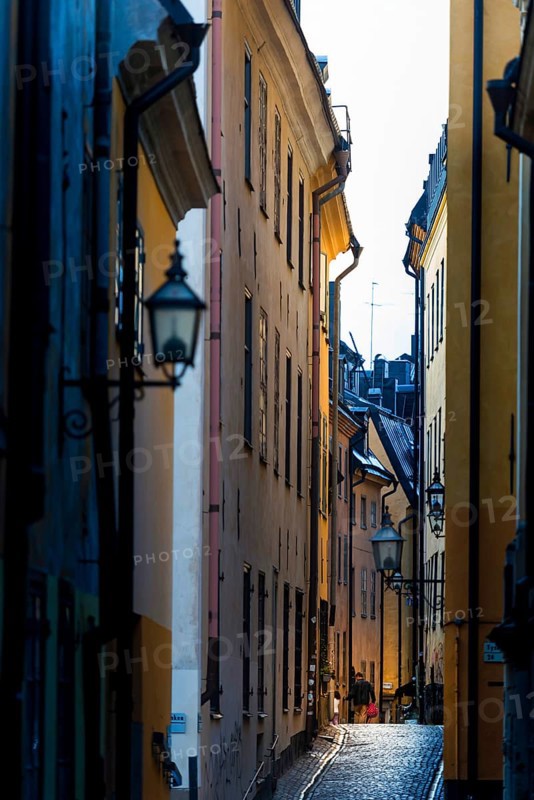 Houses in an alley of Gamla Stan, old town, centre, attraction, famous, city centre, city trip, tourism, travel, holiday, architecture, historical, UNESCO, world heritage, evening, culture, history, city history, medieval, urban, Stockholm, Sweden, Scandinavia, Europe
