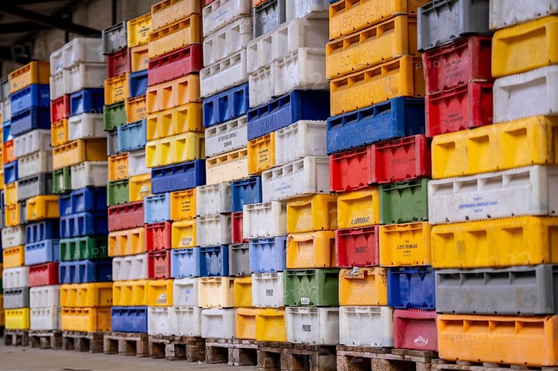 The town harbour of Sassnitz, island of Rügen, boxes of fish waiting for the new catch, at the fishing harbour, Mecklenburg-Vorpommern, Germany, Europe