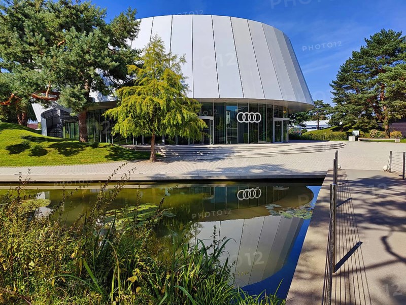 Audi brand pavilion in the Autostadt Landscape Park, Volkswagen AG, Wolfsburg, Lower Saxony, Germany, Europe