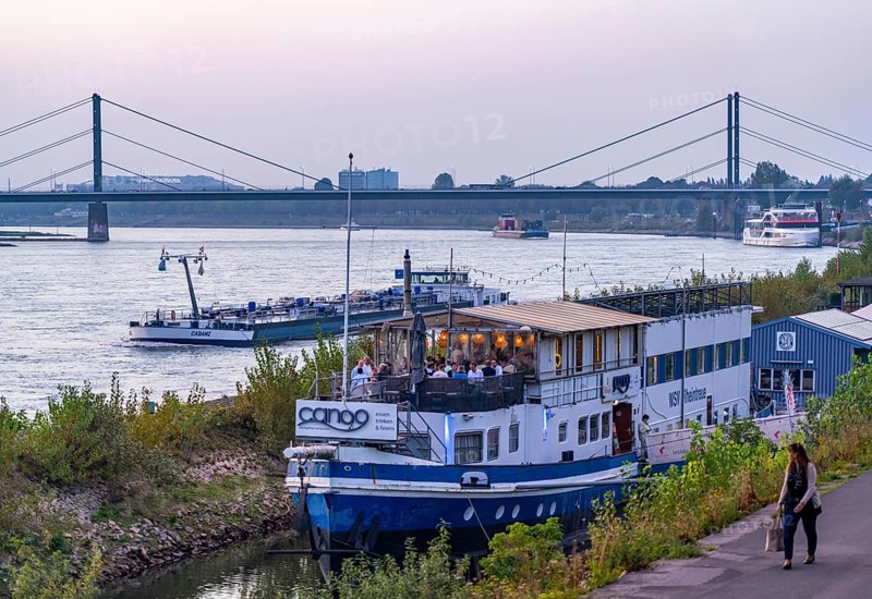 Restaurantschife at the Rhine harbour on Robert-Lehr-Ufer, in Düsseldorf, in the background the Theodor-Heuss-Bridge, North Rhine-Westphalia, Germany, Europe
