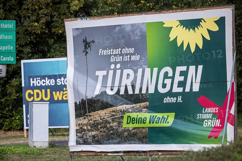 State election in Thuringia. Days after the election, election posters for the Green Party are still hanging in the streets. Meiningen, Thuringia, Germany, Europe