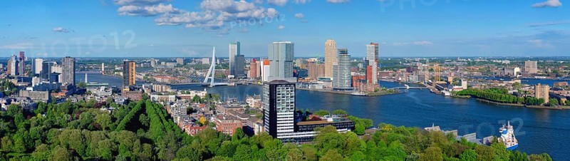 Aerial panorama view of Rotterdam city and the Erasmus bridge Erasmusbrug over Nieuwe Maas river from Euromast