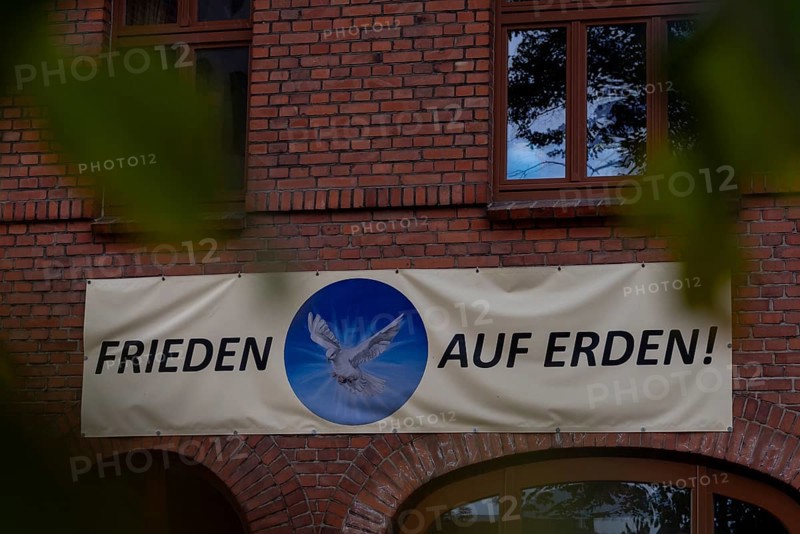 Peace on Earth lettering, Plau am See, Mecklenburg-Vorpommern, Germany, Europe