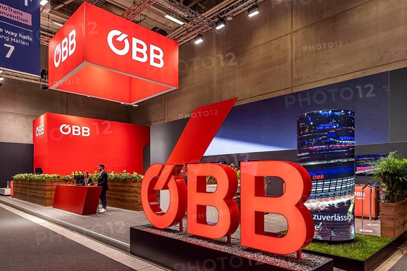 InnoTrans 2024. international trade fair for railway and transport technology. Berlin Exhibition Centre. Exhibition stand of the Austrian Federal Railways, ÖBB logo. Berlin, Germany, Europe