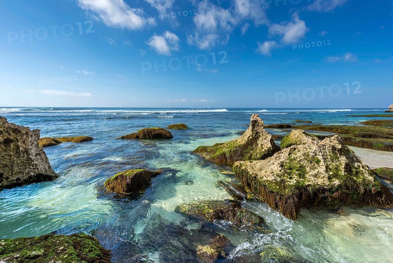 Sea, beach, water, rock, nature, landscape, coast, travel, holiday, tourism, beach holiday, seascape, seascape, cliffs, faraway, pacific, sky, ocean, blue, summer, island, coastline, lake, beautiful, tropical, holiday cliché, dream holiday, idyll, idyllic, bay, cove, picturesque, empty, nobody, Suluban beach, Uluwatu, Bali, Indonesia, Asia