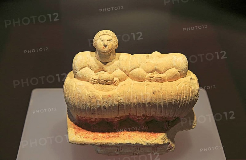 Ggantija temples visitor centre display museum, Gozo, Malta two seated figures carved in stone