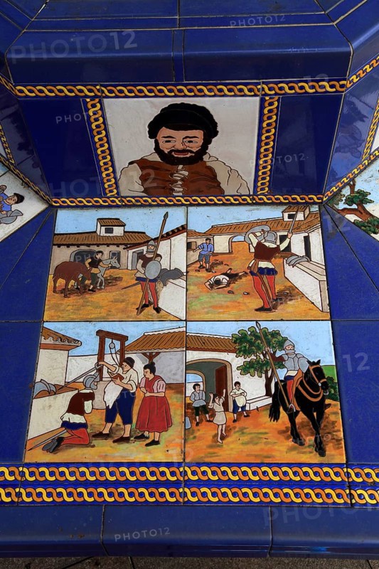Ceramic tiles on street furniture seat scenes from Cervantes Don Quixote story, Algeciras, Spain, Europe