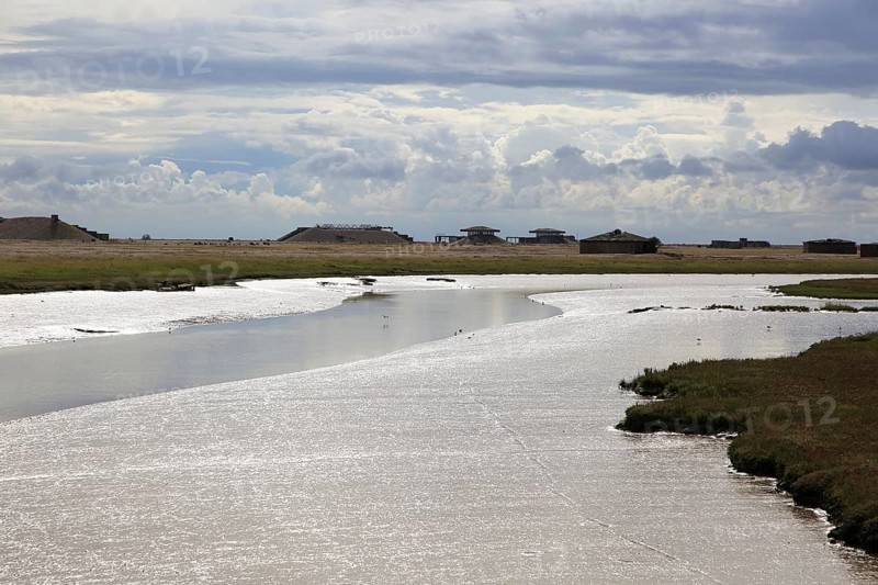 Orford Ness lighthouse Open Day, September 2017, Suffolk, England, UK, Stony Ditch drainage ditch low tide military research pagodas