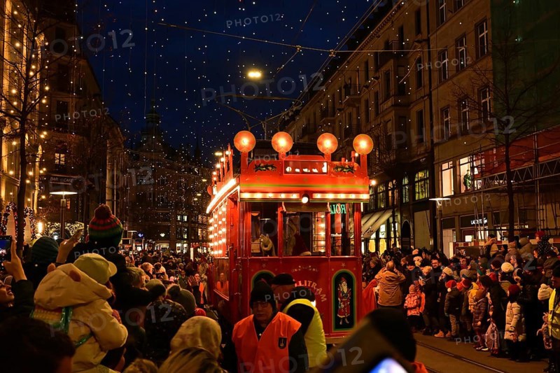 St. Nicholas parade or Chlaus parade with Märlitram along Bahnhofstrasse, city centre, Zurich