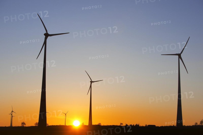 Wind turbines at sunrise, Wevelsburg wind farm, Büren, Paderborn plateau, North Rhine-Westphalia, Germany, Europe