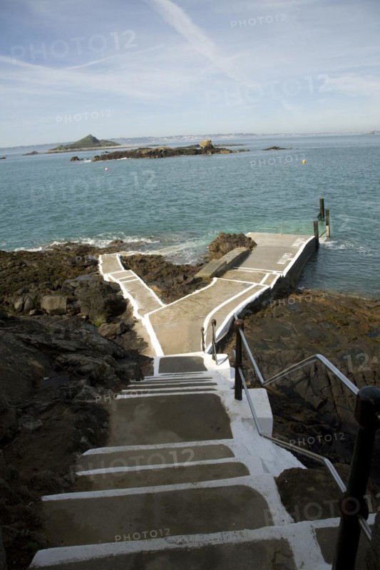 Rosaire Steps ferry dock at low tide, Island of Herm, Channel Islands, Great Britain
