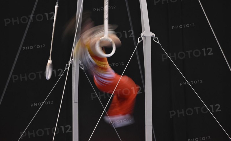 Gymnastics, artistic gymnastics, gymnasts, men, feature, movement, movement effect, wipe effect, rings, EnBW DTB-Pokal 2024, Porsche Arena, Stuttgart, Baden-Württemberg, Germany, Europe